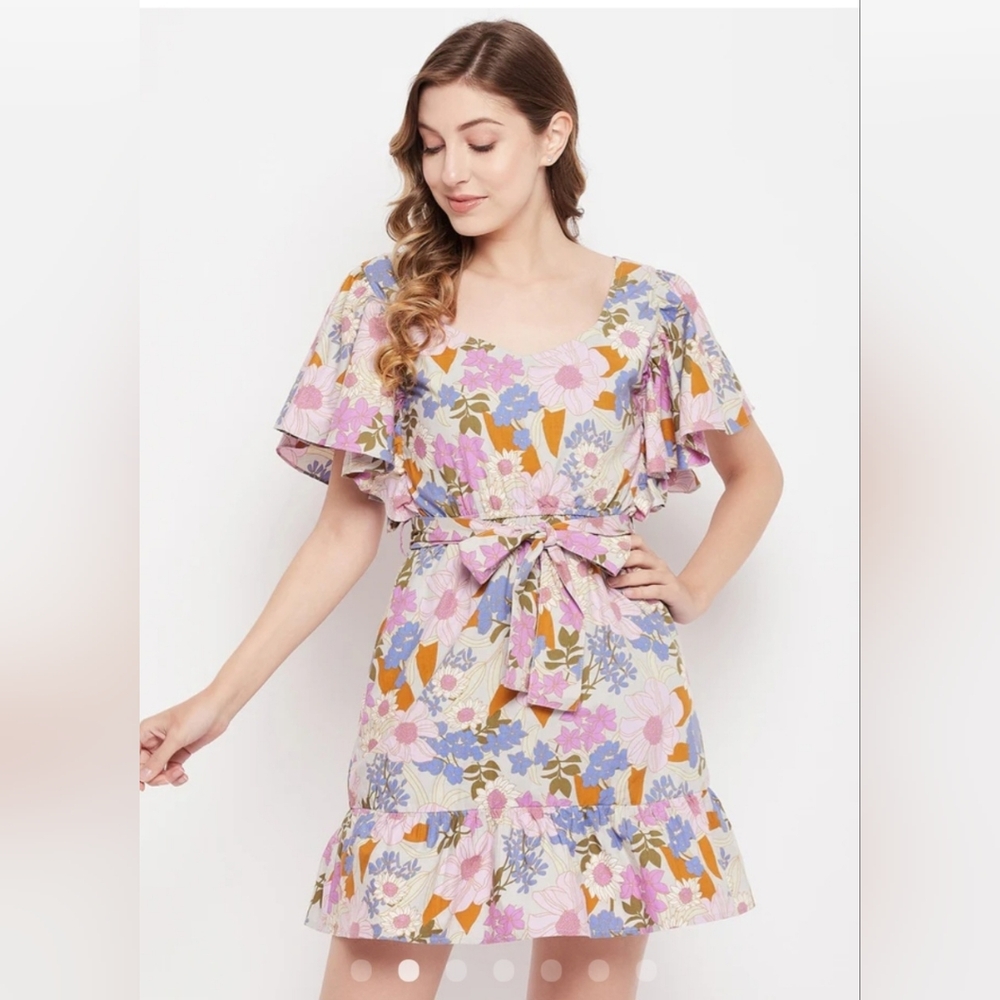 Floral Tie-Waist Midi Dress in Pastel Multi